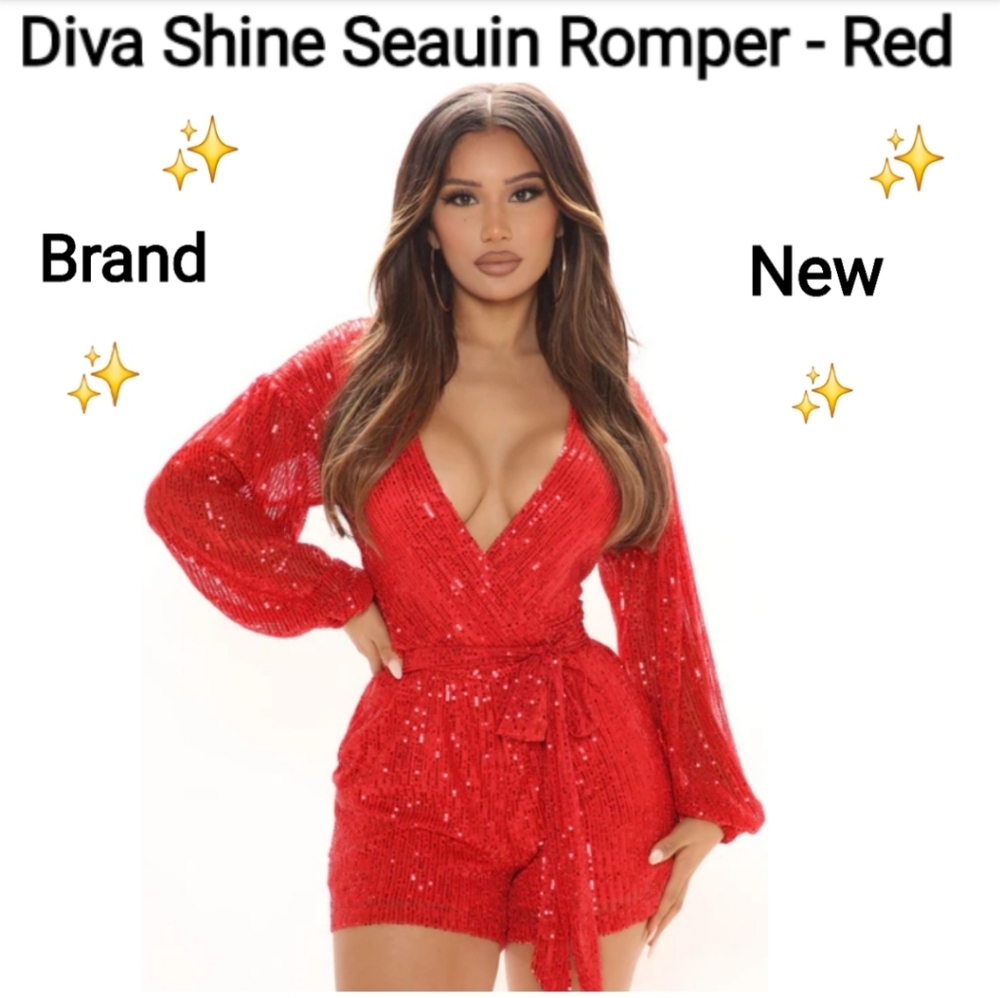 Fashion Nova Elegant Diva Shine Seauin Romper - Red, Size L